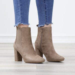 Taupe Suede Chelsea Round Toe Block High Heel Above Ankle Boots